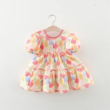 Летнее платье для девочки, новое Корейское издание, платье-пузырек с цветочным принтом в виде кролика, рукава-пузыри, бант сзади, круглый вырез, повседневное свободное платье