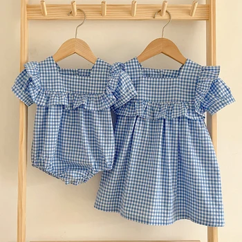 Летнее платье с рюшами для маленьких девочек; сетчатое платье для сестры от 0 до 6 лет; комбинезон для новорожденных малышей; детская одежда; Детское платье для маленьких девочек с короткими рукавами