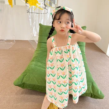 Летнее платье-слинг для маленьких девочек, детское хлопковое тонкое праздничное платье с цветочным рисунком, пляжное платье