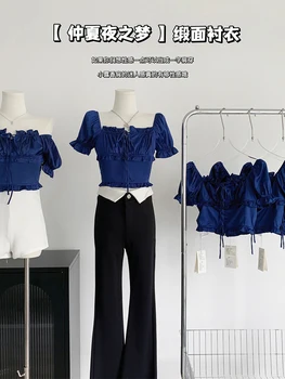 Летние Винтажные Сексуальные рубашки с квадратным воротником Gyaru, Атласные блузки с коротким рукавом, Корейский модный укороченный топ для женщин 2023, Кавайный дизайн