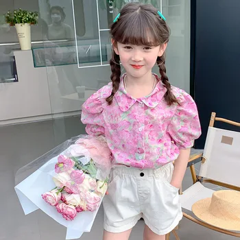 Летние Красивые блузки с цветочным рисунком для детей, хлопковые детские рубашки с коротким рукавом и розовым цветком для девочек, топы для маленьких принцесс, Новая одежда