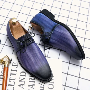 Летние классические мужские туфли из натуральной кожи синего цвета, роскошные мужские официальные туфли для жениха, свадебные туфли для офиса, официальная деловая обувь