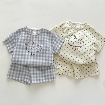 Летние комплекты детской одежды для девочек, футболка для мальчиков + шорты, костюм из 2 предметов с мультяшным принтом, Мягкая хлопковая повседневная одежда для новорожденных