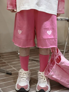 Летние шорты с вышивкой в виде сердца для девочек 2023 года, Новый стиль, детские модные брюки с прямыми штанинами от 7 до 12 лет