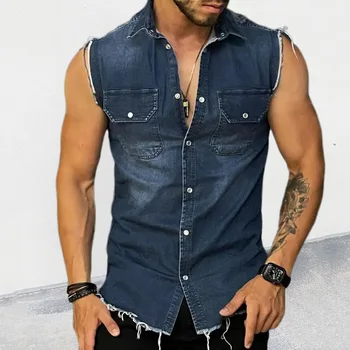 Летний мужской брендовый джинсовый жилет, футболки, с лацканами, с несколькими карманами, без рукавов, джинсовая куртка в стиле хип-хоп, Жилет, пальто, Мускулистые мужские топы