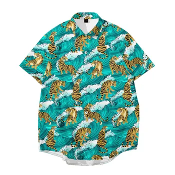 Летняя Новая Мода Tiger Wave 3D Печать Рубашка С Коротким Рукавом Мужской Топ Гавайский Пляж Повседневная Рубашка Размера Плюс