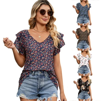 Летняя женская футболка с коротким рукавом и цветочным принтом, женская футболка с V-образным вырезом и двойным рукавом в виде листьев Лотоса, Свободный повседневный топ, женская одежда