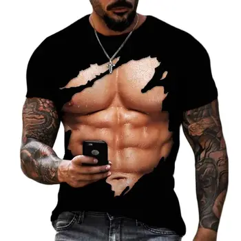 Летняя модная мужская футболка с 3D-принтом Muscle в стиле Харадзюку, высококачественный свободный топ с круглым вырезом для крутых парней с высокой улицей