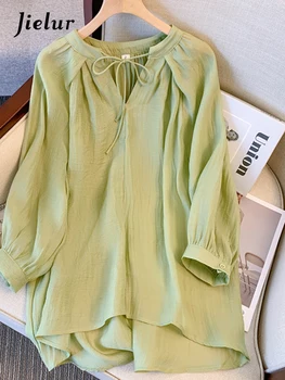 Летняя новая винтажная тонкая женская блузка Jielur, однотонная женская свободная модная блузка на шнуровке с V-образным вырезом, базовая женская блузка
