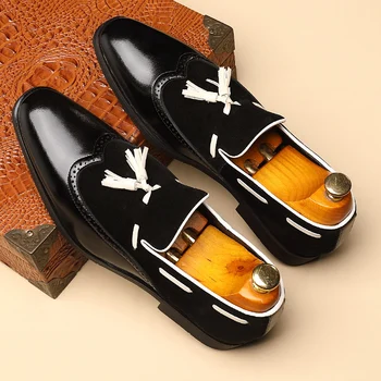 Лоферы с кисточками в британском стиле, мужская кожаная Черная мужская обувь, Деловая повседневная кожаная обувь без застежки для вождения