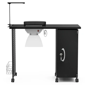 Маникюрный стол, рабочее место для маникюрного стола со съемными ящиками, Запирающиеся колесики, вентилятор, пылесборник, лампа, подставка для запястий Черный