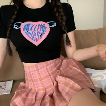 Милая девушка Kawaii Love Wings Y2K с мультяшным принтом, сексуальная футболка с короткими рукавами до пупка, топ, женская одежда для Хай-стрит в стиле панк