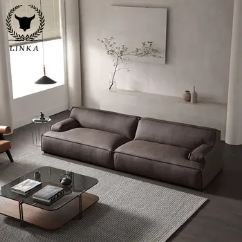 Минималистичный кожаный диван с изголовьем из воловьей кожи, современная минималистичная дизайнерская мебель для гостиной