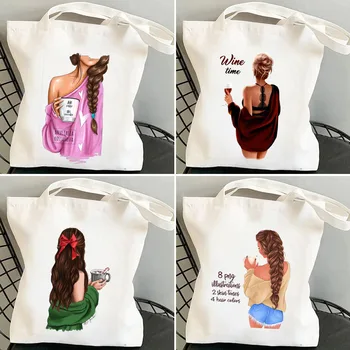 Модная девушка, женщина, вино, Кофе, Музыка, цветочные холщовые сумки на плечо, хлопковые сумки-тоут, женские повседневные многоразовые сумки для покупок, пляжные сумки