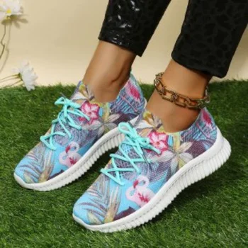 Модные женские кроссовки 2023 года; Повседневная обувь на шнуровке с цветочным принтом; Уличная дышащая обувь для бега; женская вулканизированная обувь;