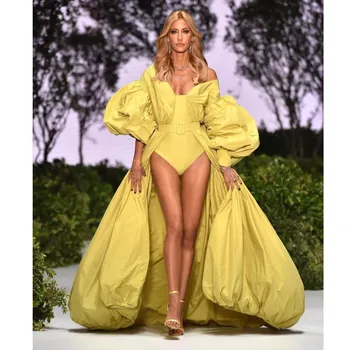 Модный Ярко-желтый комбинезон с длинными куртками и очень пышными рукавами, 2 предмета, женские Макси-платья, сексуальные платья для выпускного вечера.