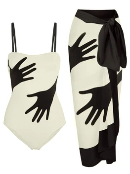 Модный лоскутный купальник с принтом ладони в стиле пэчворк, сексуальный купальник с квадратным вырезом, винтажное бикини с открытой спиной, тонкая пляжная одежда, новинка 2023 года