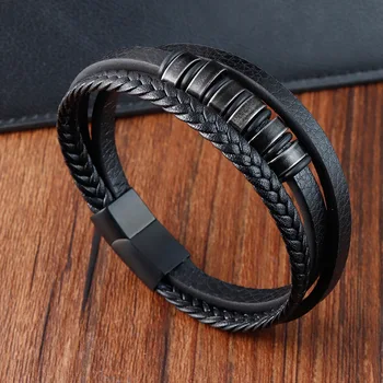 Модный мужской кожаный браслет из высококачественной черной кожи и ювелирных изделий из нержавеющей стали