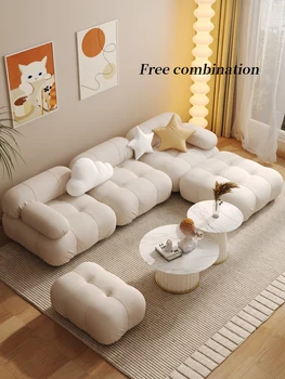 Модульный диван из тофу, красная гостиная из бархатной сетки ягненка, комбинированный набор журнальных столиков в скандинавском кремовом стиле