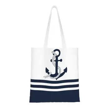 Морские синие якоря с принтом Kawaii в синюю и белую полоску, сумки-тоут для покупок, наплечная сумка для покупок, парусная сумка для моряков