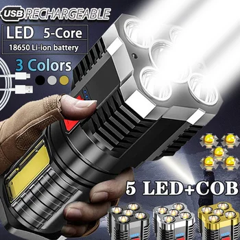 Мощный яркий 5-ядерный светодиодный тактический фонарик, перезаряжаемый через USB, мощная вспышка, мощный портативный фонарь для кемпинга COB