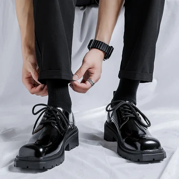 Мужская кожаная обувь Классические модельные туфли-оксфорды на платформе со шнуровкой с квадратным носком, удобные деловые лоферы для свиданий, Официальная обувь для вечеринок