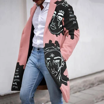Мужская куртка с пуговицами в виде человеческого лица, Длинное Тонкое пальто, Ретро Однобортный Шерстяной кардиган с длинным рукавом, осенне-зимние Теплые мужские топы, верхняя одежда