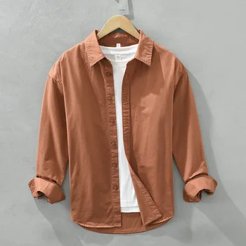Мужская одежда 2023, однотонная простая рубашка с лацканами и длинными рукавами, Универсальное свободное повседневное Японское мужское пальто-рубашка