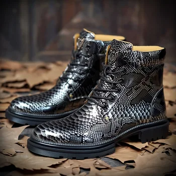 Мужские ботинки 2023 года, дизайнерская осенняя модная мужская обувь по щиколотку с круглым носком и змеиным узором, весенняя кожаная короткая обувь для отдыха