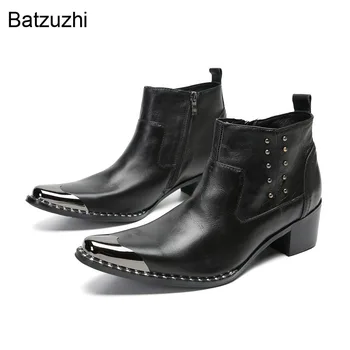 Мужские ботинки ручной работы на каблуке Batzuzhi 6,5 см, черные короткие кожаные ботинки, мужские ботфорты с металлическим наконечником! Большие размеры US6-US12