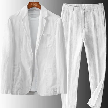 Мужские льняные хлопчатобумажные костюмы из 2 предметов с карманами, белые, черные, для повседневных формальных мужских костюмов, куртка тонкого фасона Весной и летом