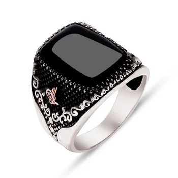 Мужское кольцо ручной работы из турецкого черного оникса, кольцо с древним серебряным узором, модные исламские религиозные мусульманские украшения