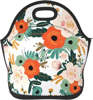 Неопреновая сумка для ланча с оранжевыми цветами, изолированный ланч-бокс для женщин, многоразовые сумки-тоут с застежкой-молнией для работы, школьного пикника.