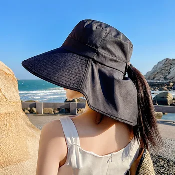 Новая модная женская летняя шляпа от Солнца с широкими полями, защита шеи от ультрафиолета, Солнечные пляжные шляпы, Складные солнцезащитные кепки для путешествий с конским хвостом