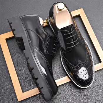 Новые стильные кожаные броги с тиснением, блестящая платформа, маленькие деловые туфли на высоком каблуке