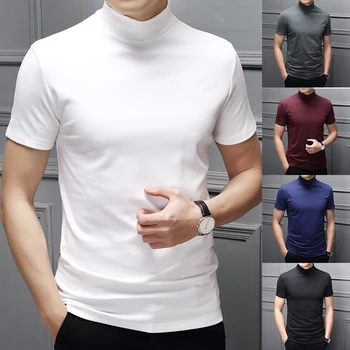 Новый тренд 2023 года, летняя мужская футболка с высоким воротником из мерсеризованного хлопка с коротким рукавом, облегающая фигуру, мужская однотонная модальная футболка с высоким воротником