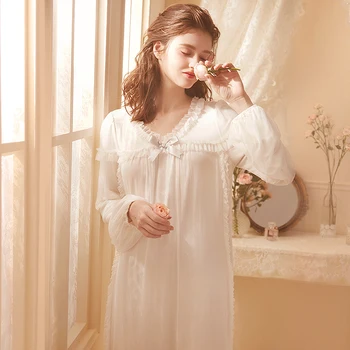 Ночная одежда, розово-белая ночная рубашка, кружевная длинная ночная рубашка, пижамы с длинным рукавом, Элегантная романтическая ночная рубашка, женская одежда для сна