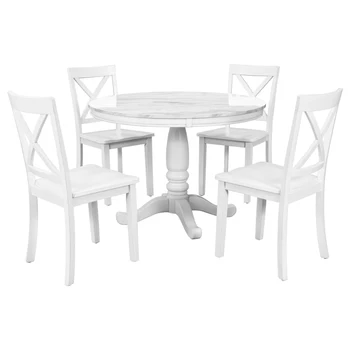 Обеденный набор из 5 предметов, кухонный обеденный круглый стол из массива дерева с 4 стульями