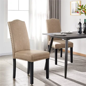 Обеденный стул с классической обивкой из 2 предметов, цвета хаки, современные стулья для обеденного стола, сиденье из пенопласта средней прочности для кухни, гостиной