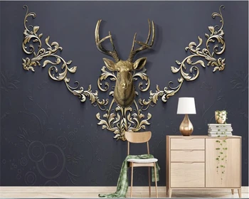 Обои для гостиной beibehang с европейским рисунком, тисненое кружево, современные обои, золотой фон с головой оленя, 3D обои для стен