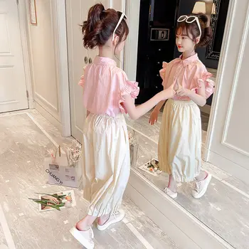 Одежда для девочек Лето 2023, детская мода среднего и крупного размера, Корейская версия, рубашка с коротким рукавом и широкие брюки, комплект из двух предметов