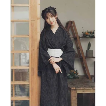 Одежда самурая Традиционное Японское женское черное платье-кимоно, халат для спа-сауны с поясом, свободное платье большого размера