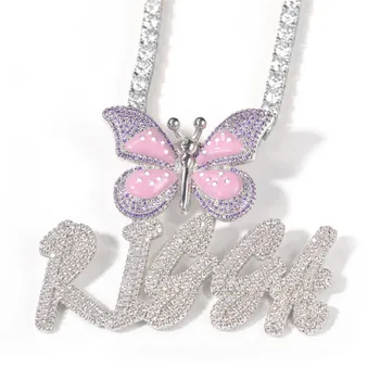 Ожерелье с пользовательским именем, циркониевые буквы С роскошной очаровательной подвеской в виде бабочки, Мужские и женские украшения в стиле хип-хоп, подарок