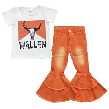 Оптовая продажа, комплект джинсов в западном стиле для маленьких девочек, рубашка из коровьей шерсти с короткими рукавами, Оранжевые джинсовые брюки-колокольчики, Музыкальная одежда для малышей