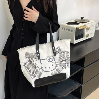 Оригинальная женская сумка Sanrio Hello Kitty, модная вышитая холщовая сумка для девочек, дорожная сумка для хранения большой емкости