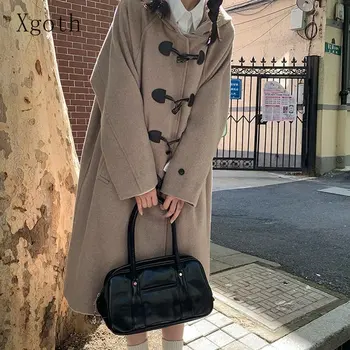 Осенне-зимнее шерстяное пальто с капюшоном и пуговицами в виде коровьего рога, женская корейская куртка в британском стиле, Свободное утолщенное пальто средней длины выше колена