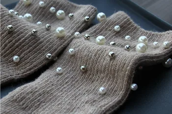 Осенне-зимние новые женские носки высокого качества, оригинальный дизайн, жемчуг ручной работы, серебряный бисерный шерстяной хлопковый длинный носок для женщин