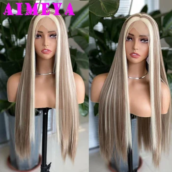 Парики AIMEYA Blonde Highlight, синтетический парик на кружеве, Бесклеевые шелковистые прямые парики из натуральных волос для женщин, парик из синтетических волос
