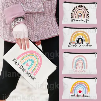 Пенал с принтом Rainbow Teach Love Inspire для школьных канцелярских принадлежностей, сумки для хранения, дорожная сумка для стирки, косметичка, подарки для учителей