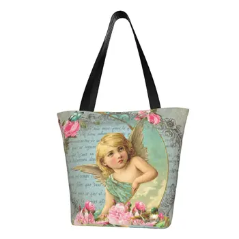 Переработка Винтажной Розы, Викторианской сумки Angel для покупок, женской холщовой сумки-тоут на плечо, прочных продуктовых сумок для покупок